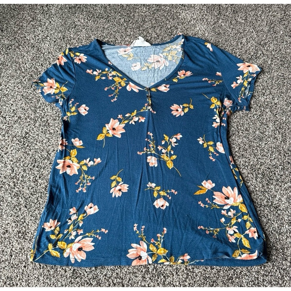 Pink Rose Women's Blue Pink Floral V Neck Short Sleeve Size Large